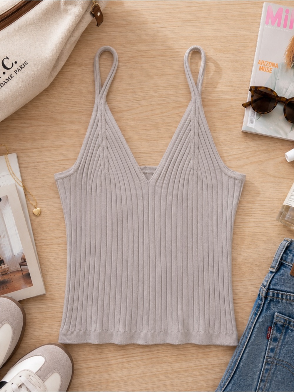 H&M Ribbed Knit V-Neck Cami Tank Top Taupe Gray Medium